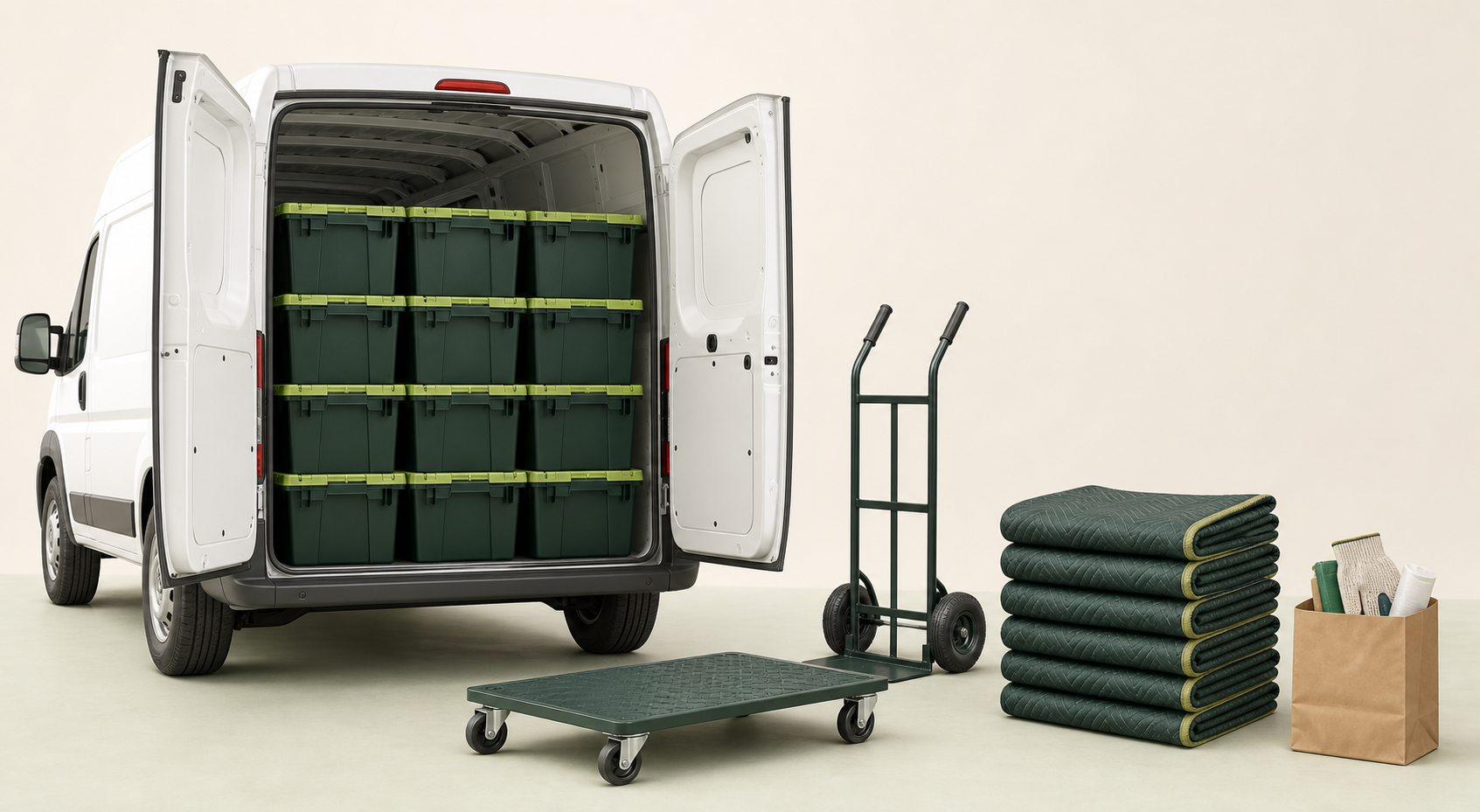 Reusable moving boxes arriving in a delivery van with a sack truck, moving dolly, protective blankets and a small moving essentials bag